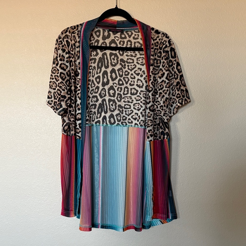 Crazy Train Leopard Print Open Kimono, Multicolor Stripe Accents, Lightweight